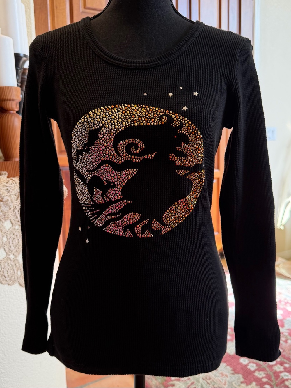 Christine Alexander Top Size Med Black Cat Halloween Witch Full Moon Bat